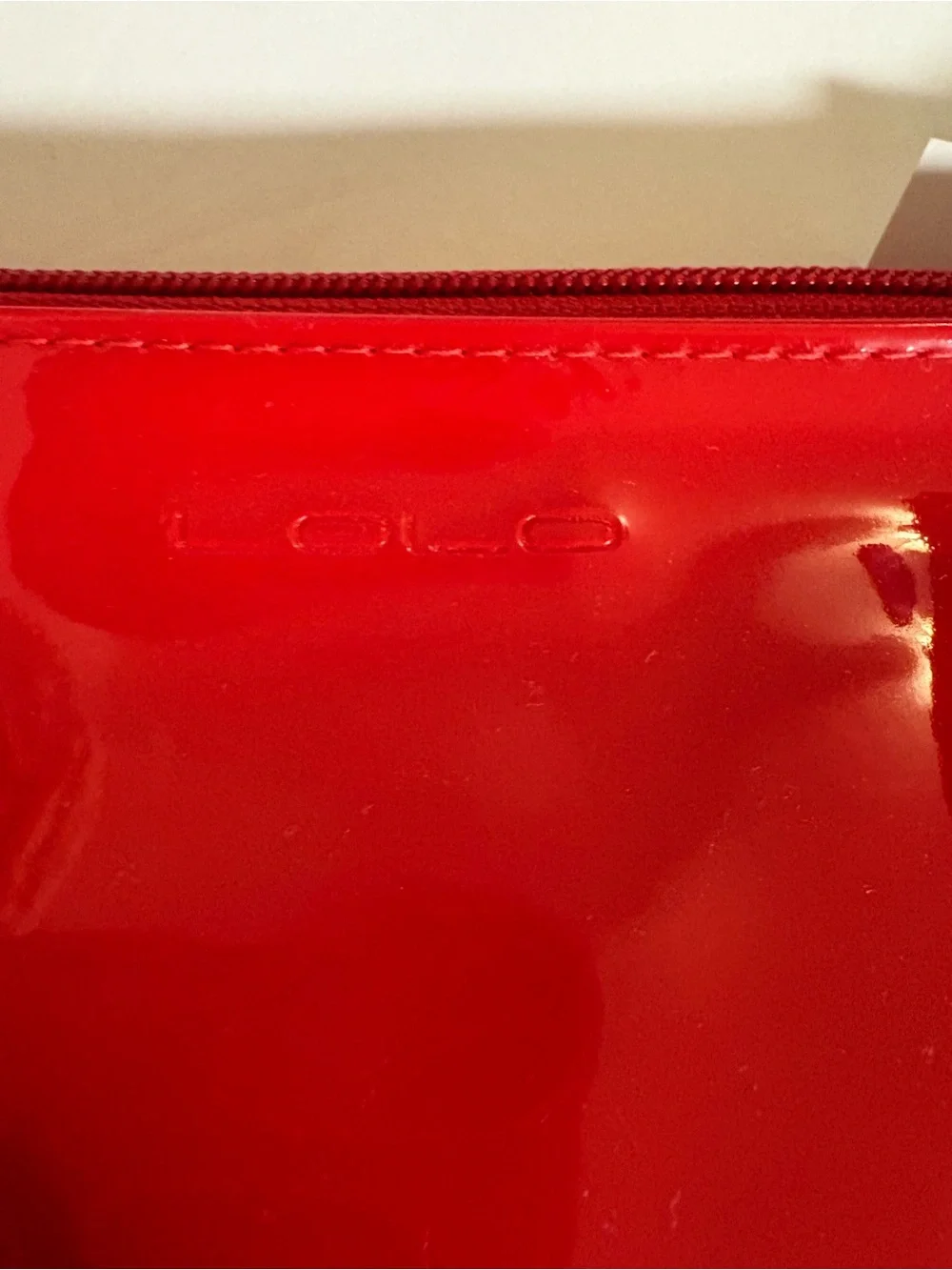 LOLO Red Patent Cosmetic Bag with grey Elephant Accent